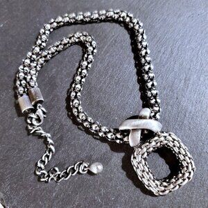 Silver Braided Criss Cross Bold Modernist Square Pendant Necklace
